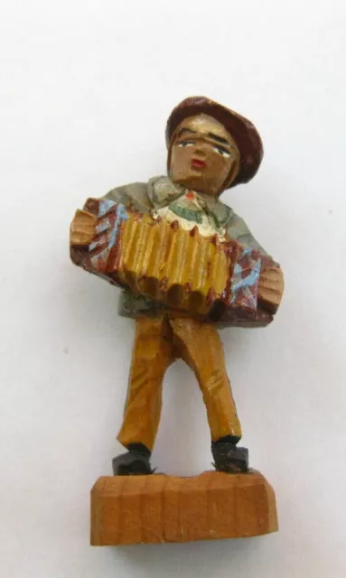 Vintage Hand Carved Wooden Accordion Squeezebox Player Figurine~2" High~FABULOUS