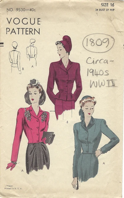 Patron De Couture Vintage Vogue Années 1940 – Modèle B32 Robe Et Veste – Reproduction De 1270