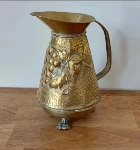 Vintage Wine Brass Jug With Legs Embossed Grapes & Leaves Pitcher 7.5" Tall 1 L