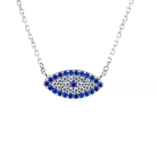 Sterling Silver Necklace w/ Clear & Blue Colored CZ Stones Evil Eye Pendant