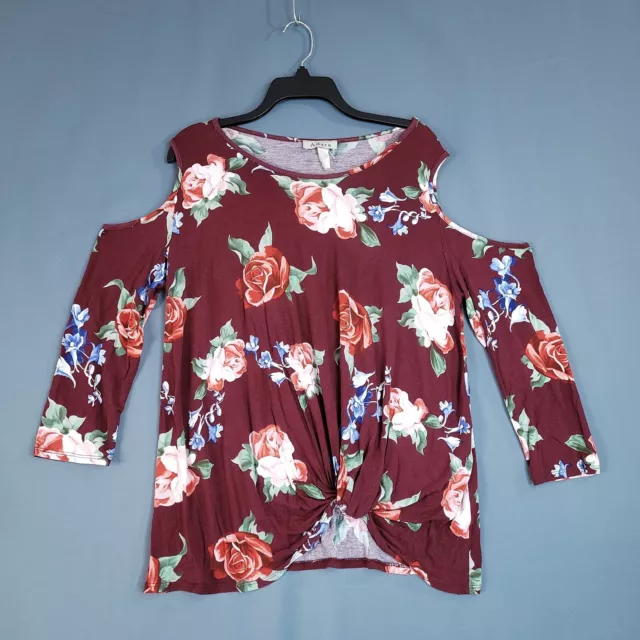 Adara Women's Floral Long Sleeve Cold Shoulder Blouse Maroon Top Size 2X