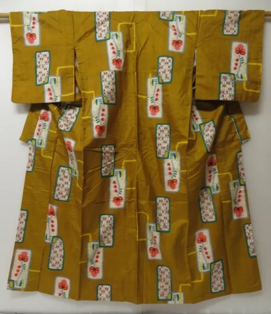 2323T04z770 Vintage Japanese Kimono Silk MEISEN KOMON Flower Yellow ochre