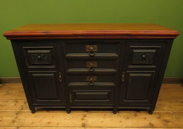 Large Antique Black Carved Sideboard with French Polished Top 2