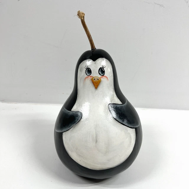Vintage Original Art Hand Painted Penguin Gourd Signed Nancy Thomsen