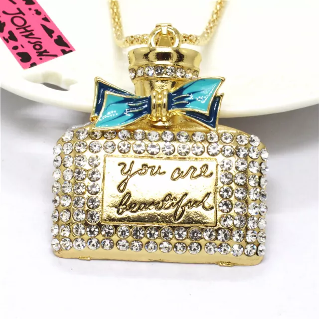 Fashion Women Blue Enamel Bow Perfume Bottle Crystal Pendant Lady Necklace