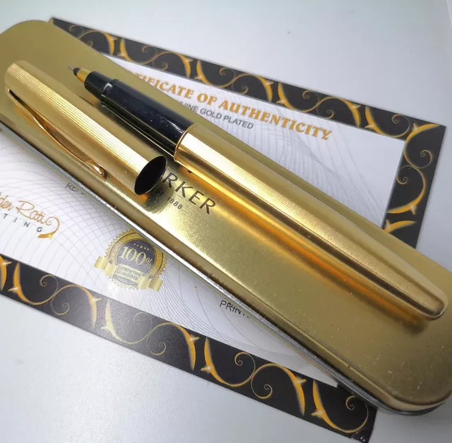 24ct Gold Plated Metal Parker Frontier Rollerball Writing Pen Gift Tin Ink 24k