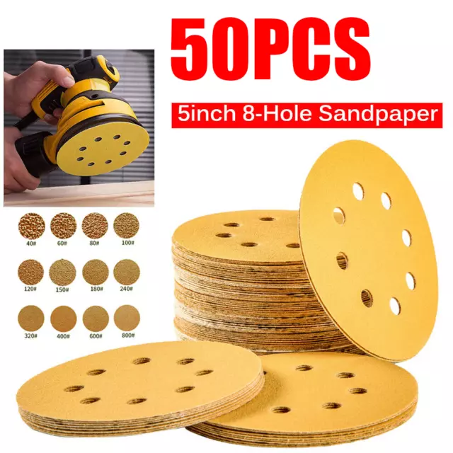 50PCS 5 inch Sanding Discs 60-800 Grit Hook Loop 8-Hole Orbital Sander Sandpaper