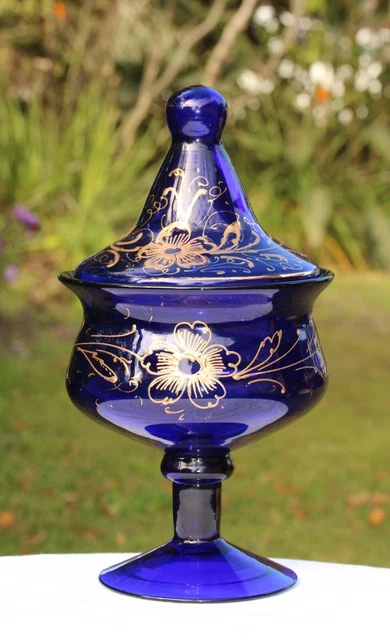 Huge Georgian Style Cobalt Bristol Blue & Gilt Glass Lidded Comport