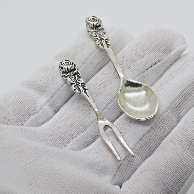 Vintage IN Argento Massiccio Italiano Fatto Casa Delle Bambole Posate Miniatura