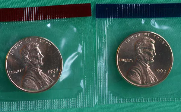 1992 P and D Lincoln Cent 2-Coin from US Mint Set UNC Cello One Cent Penny Set