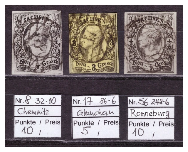 Altdeutschland, Sachsen, Sammlung von 3x Nummern- Stempel auf MiNr. 8-11