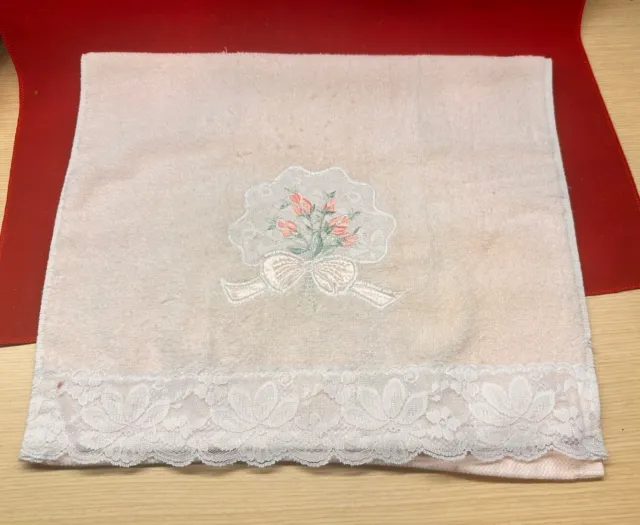 JCP Collection Hand Towel Pink with Lace Trim Design 100% Cotton ~15-1/2" x 26"