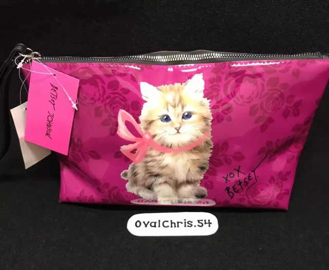 BETSEY JOHNSON COSMETIC Makeup Bag Pink Floral Kitty Cat Patent Wristlet New 23.74 PicClick
