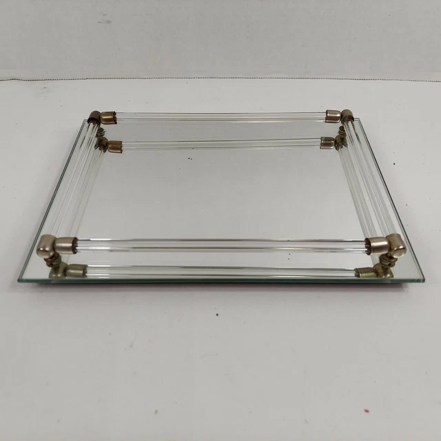 GLASS RAIL VANITY Mirror Boudoir Perfume Tray Hollywood Mid Century
