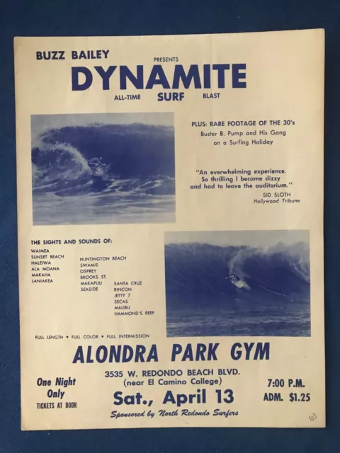 Original Vintage 1960's SURF MOVIE POSTER Dynamite Buzz Bailey Redondo Beach