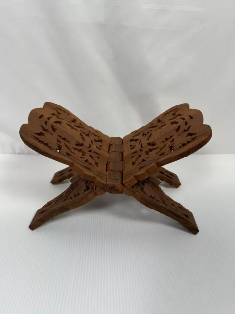 Folding Book Stand Hand Carved Wood Made in India Cookbook Bible Holder