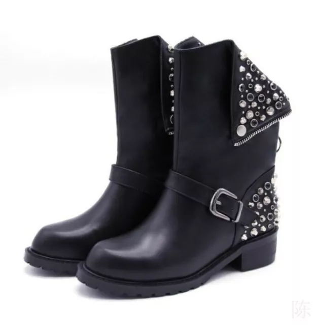 Womens Combat Biker Ankle Boots Low Heel Zip Studded Buckle Strap Boots Hottest