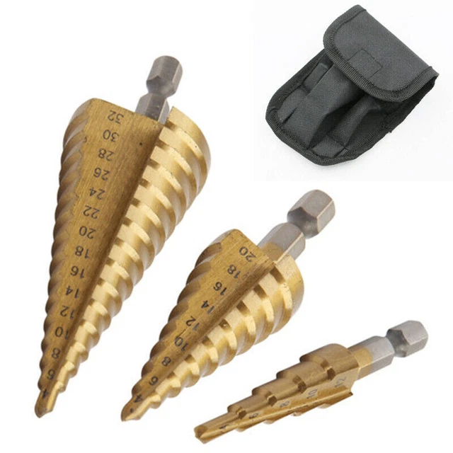 3X Titanium Step Cone Drill Hole Cutter Bit 4-32mm HSS Large Set Tool With Pouch