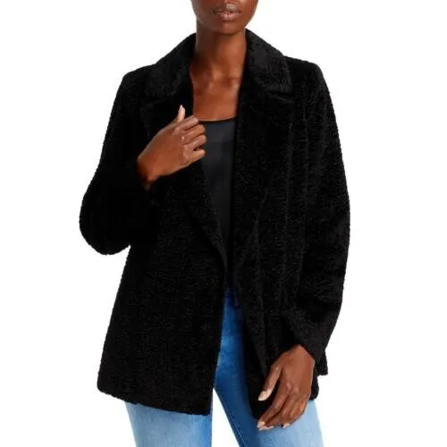 Theory Women's Black Clairene Faux Fur Embossed Collared Open Front Jacket Sz S