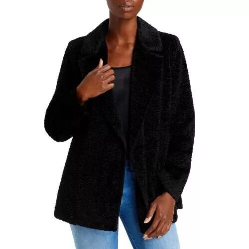 Theory Women's Black Clairene Faux Fur Embossed Collared Open Front Jacket Sz S