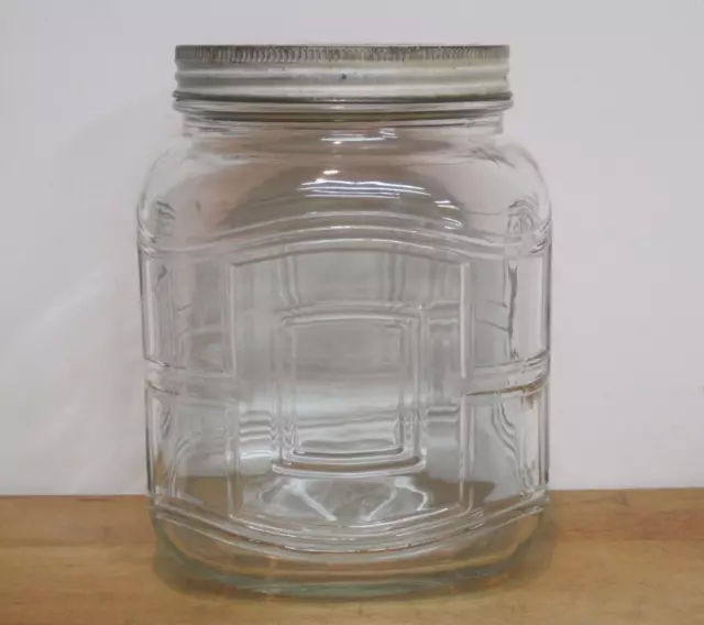 Vintage Kitchen Hoosier Cabinet Square Glass Gallon Sz Canister Jar w Metal Lid