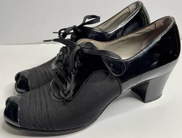 Vtg 40'S Oxfords Black Mesh Lace-Up Slingback Peep Toe Midi Heel Shoes*6-6.5