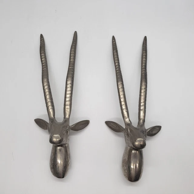2 Deer Heads Wall Mount Decor Gazelle ~ Brass? Silver Tone Chrome 11.5"