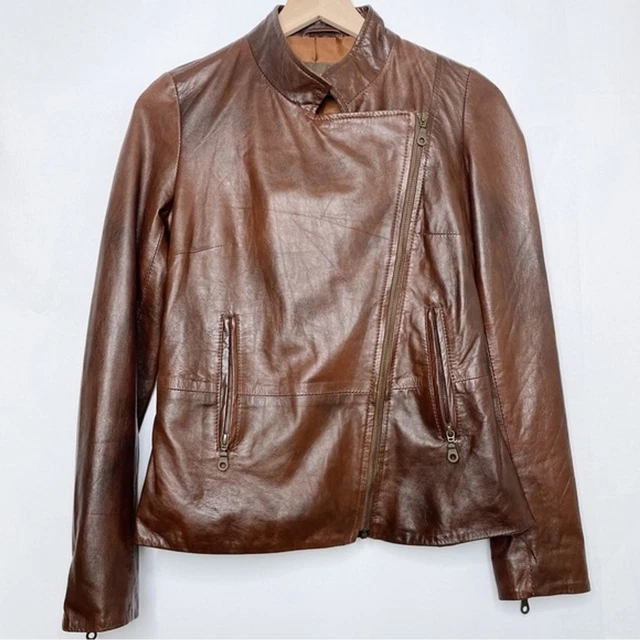 NWT!  John Carlisle Cognac Brown Leather Motorcycle Asymmetrical Small