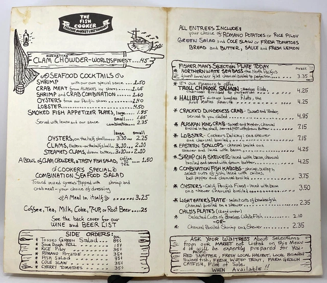 VINTAGE THE FISH Cooker Seafood Market Restaurant Menu Tarzana San