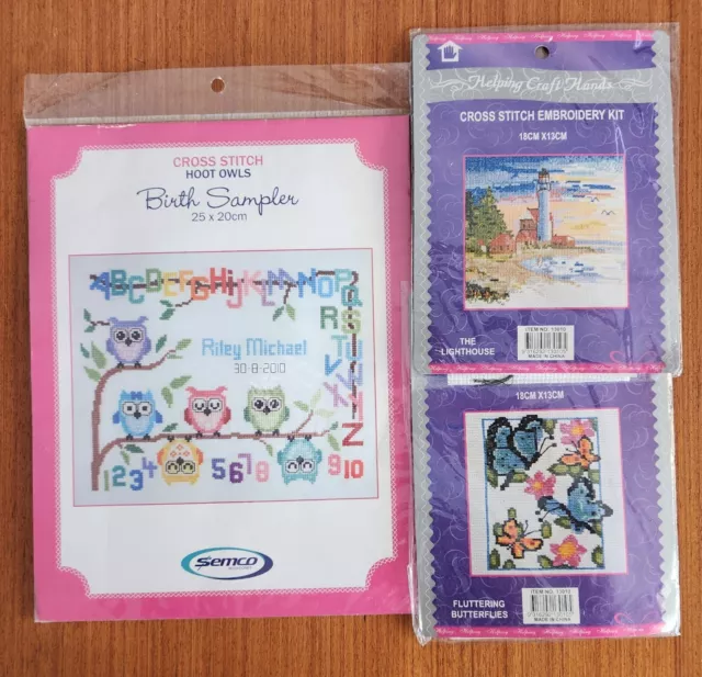 Counted Cross Stitch Kits Bundle - Owl Birth Sampler, Butterflies, Lighthouse