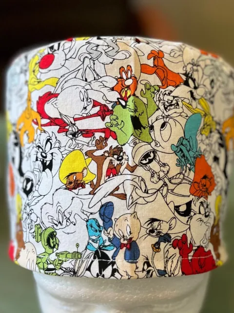 Looney Tunes1 white reversible Adult Skull/Chemo Surgical Scrub Hat/Cap