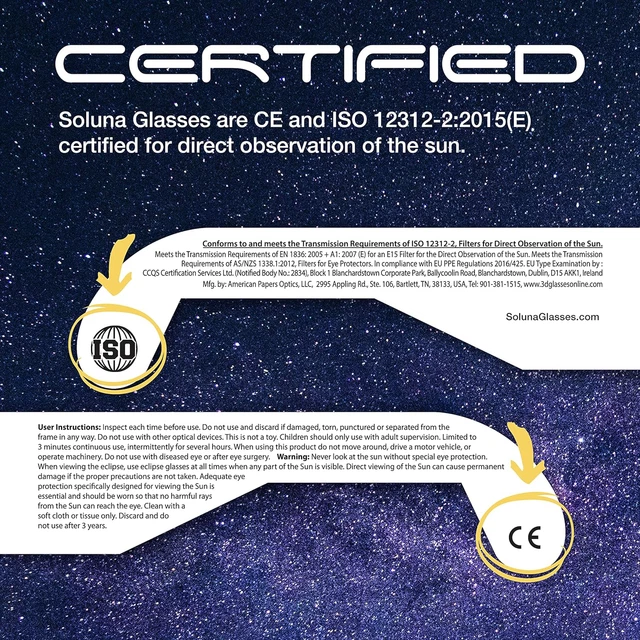SOLAR ECLIPSE GLASSES AAS Approved 2024 Made in the USA CE and ISO