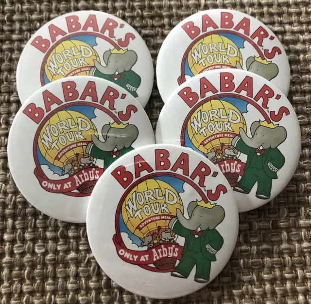 Lot Of 5 Vintage Retro 1980’S Arby’s Babar’s World Tour Buttons Pins Pinback