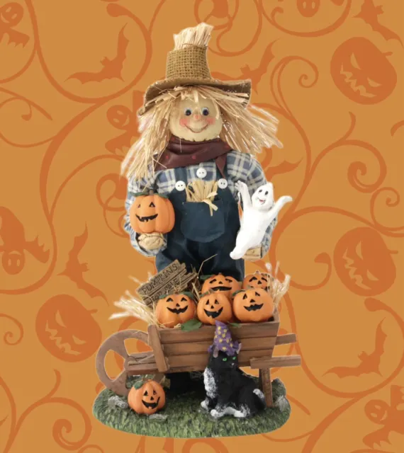 Vintage Halloween Scarecrow 13" Fabric Mache Polyresin Figurine Ghost Witch Cat