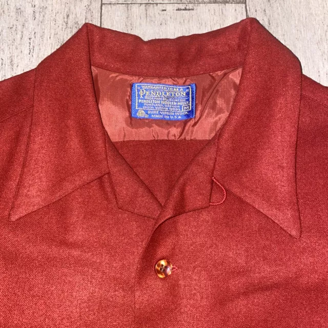 Vtg 50s 60s Pendleton Shirt Loop Collar Cruiser Button Wool Dark Red Mens MEDIUM