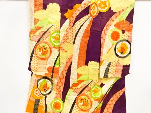 80718# Japanese Kimono / Antique Kimono For Girls / Embroidery / Butterfly &