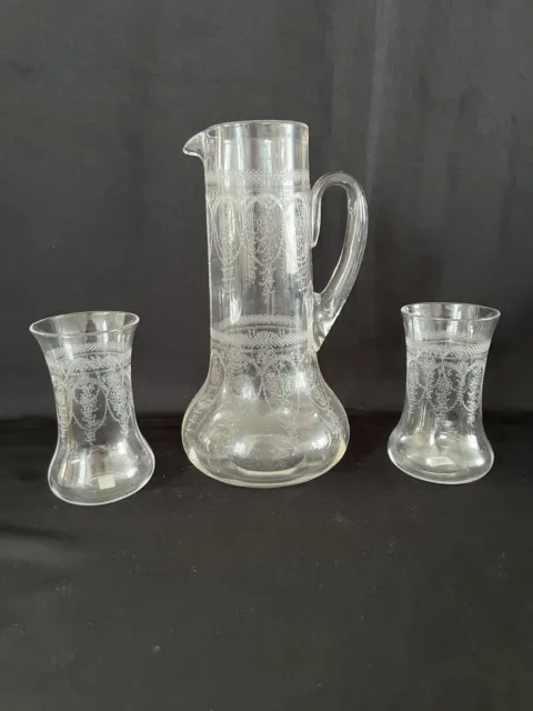 A stunning finely etched Edwardian water Jug & two Matching glasses