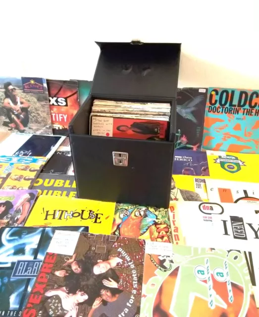 COLLECTION OF  50 X 7" VINYL RECORDS~1980s  IN BLACK STORAGE CASE~JOBLOT (*67)