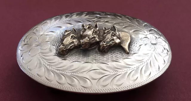 Spectacular Mid Century USA SSS Sterling Silver Western Horse Trio Belt Buckle 2