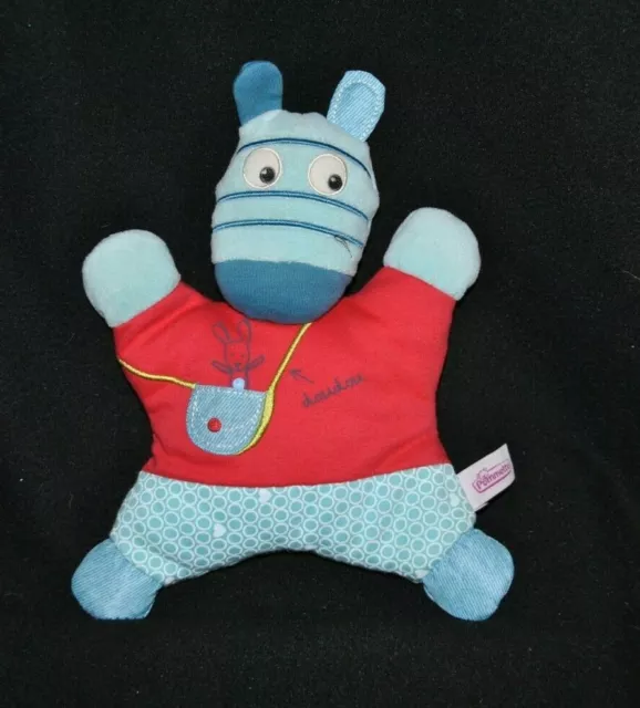 Doudou zèbre semi plat POMMETTE bleu rouge sac cœur 29 cm TTBE