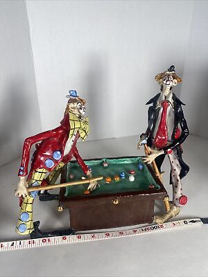 Clowns playing pool billiards sculpture signed beautiful piece