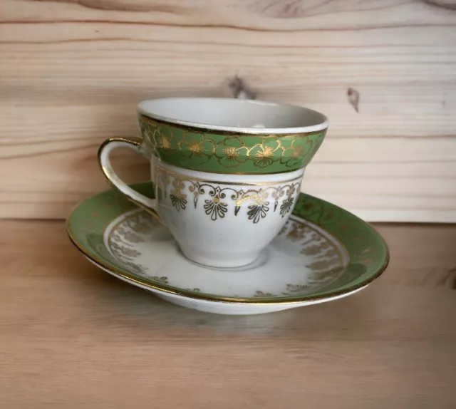 Vintage Cup & Saucer Istanbul Turkish Sanayii Porcelain Green Gold Trim Replace