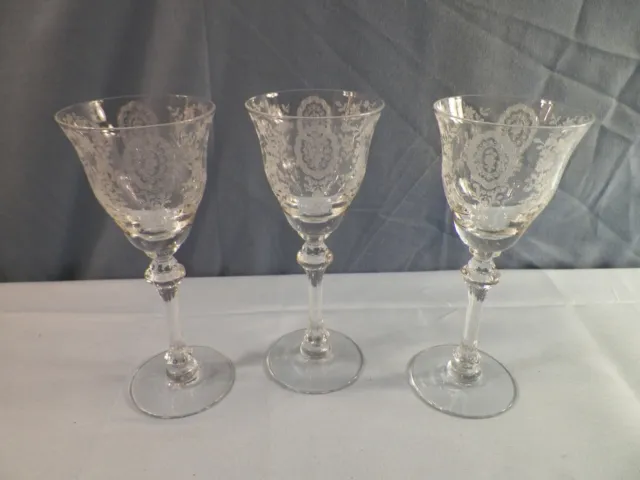 Set of 3 Tiffin Clear Glass JUNE NIGHT Etched Wine Glasses Goblets 5 7/8" Tall