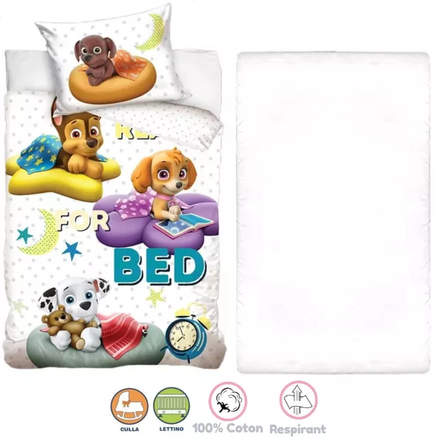 Paw Patrol White 3Pezzi Set Kinderbett Wiege copripiumino Kissenbezug Blätter C/