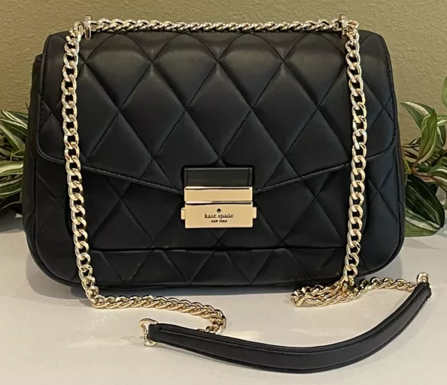 Kate Spade Carey Medium Flap Shoulder Bag Smooth Quilted Leather Black Gold