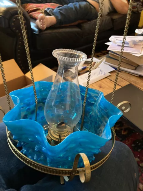 Antique Blue opal hanging oil lamp