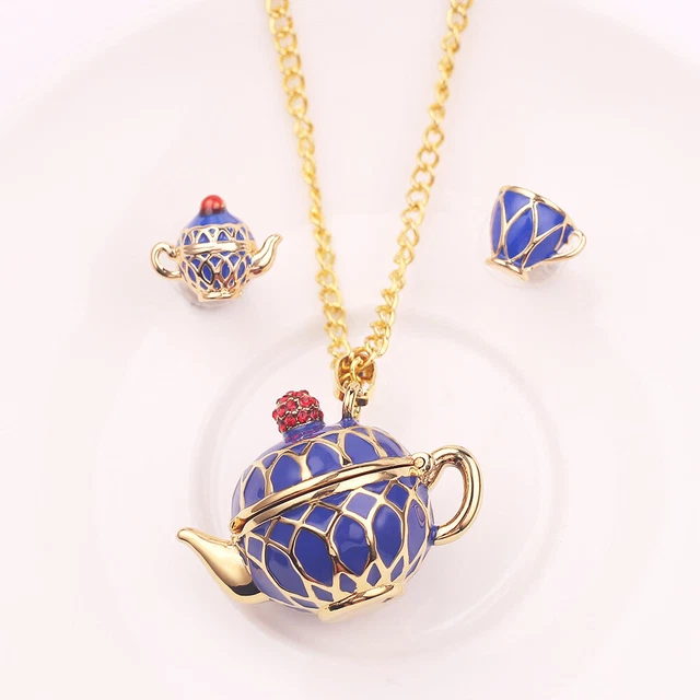 Collar de taza de té azul pendientes colgante suéter cadena de aleación accesorios de joyería
