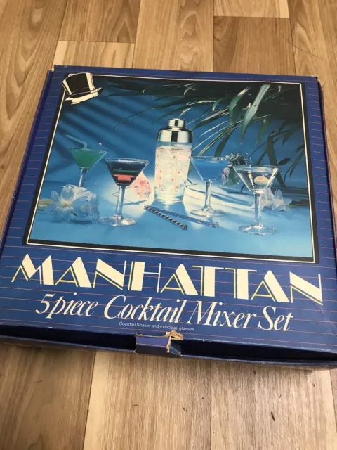 Vintage Unused Manhattan 5 Piece Cocktail Shaker & Glasses Set