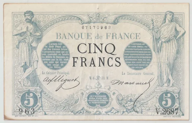 Fayette 01/19 - 5 Francs - Noir - Juin 1873 (Cancer) - Alphabet V 2687