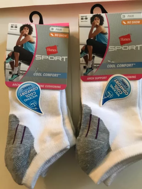 Hanes Women's No Show Sport Socks White Size 5-9 Wicking Cool Comfort 6 Pair
